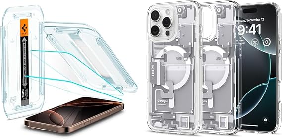 Spigen iPhone 16 Pro Max Cam Ekran Koruyucu Kolay Kurulum Glas.tR EZ Fit Slim HD (2 Adet) - AGL07907 & iPhone 16 Pro Max Kılıf Ultra Hybrid MagFit MagSafe özellikli Zero One White - ACS08005