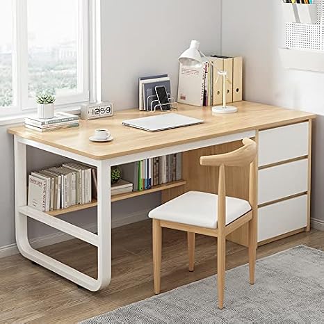 Modern Oak Computer Desk with Storage Shelves & 3 Drawers - Simple Style Home Office Workstation & Writing Desk (39 Inch) - Perfect for Small Spaces