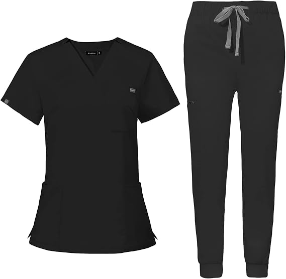 NiaHin Scrubs Uniforms Women Set - Stretch V-Neck Scrub Top & Jogger Scrub Trousers with 8 Pockets, Beauty Tunic, Medical Work Wear, Nurses