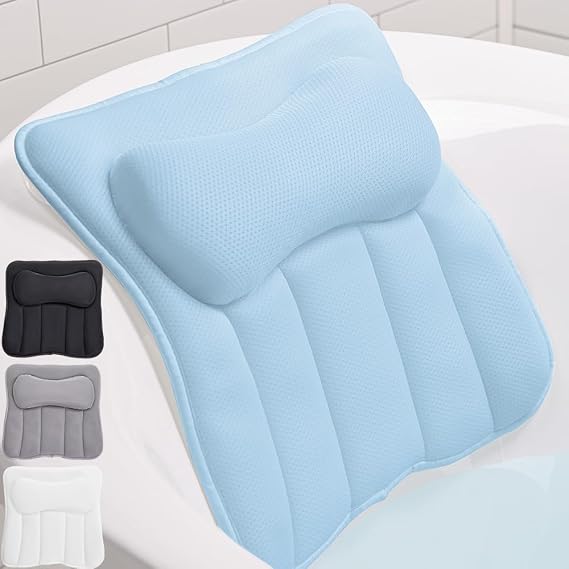 GORILLA GRIP Bath Pillow for Tub, 6 Strong Suction Cups, 4D Mesh, Blue