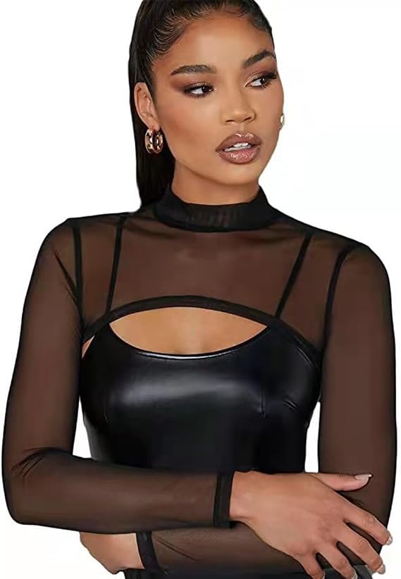 Mesh Crop Tops for Women, Black Mock Neck Long Sleeve Crop Top Cover Up, Sexy See Through Shirt Top Slim Fit Mesh Top for Swim Beach Clubwear Yoga Sports | Sexy See Through Shirt Top Slim Fit Mesh Top for Swim Beach Clubwear Yoga Sports