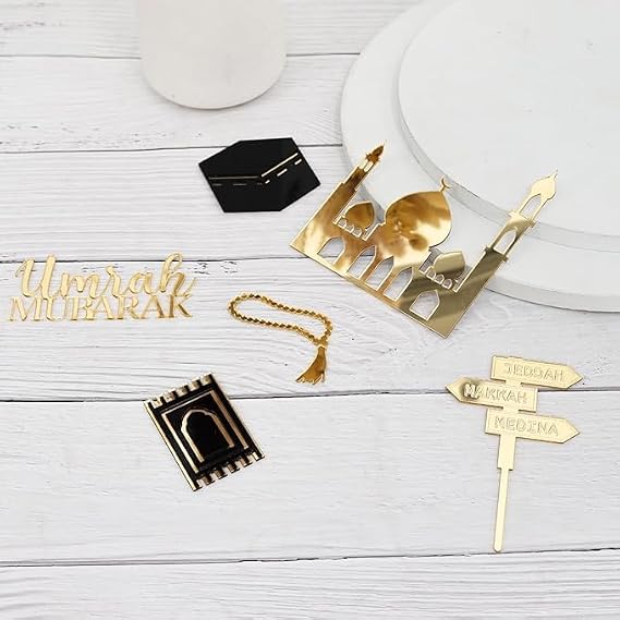 Crazy Night Golden Acrylic Hajj Mubarak Cake Topper pack of 6,Islamic Celebration Decoration for Hajj & Umrah, Elegant Muslim Party Supplies