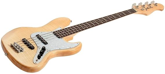 Monoprice Jamm Flamed Maple Electric Bass - Natural, with Gig Bag, 4 Strings, DoubleCutaway Solid Body - Indio Series