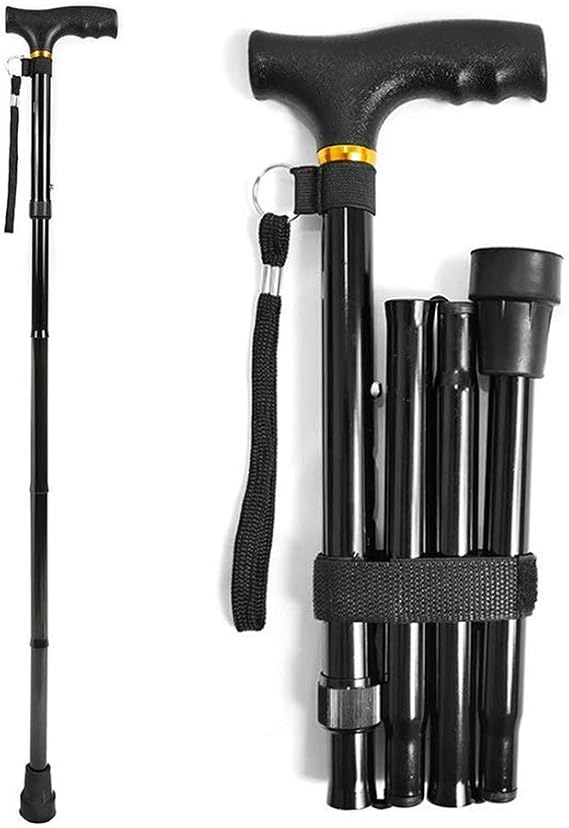 Folding Walking Sticks, Walking Stick Cane for Men Women,Portable Cane with T Handle Lightweight Height Adjustable,Non-Slip Base (Black)