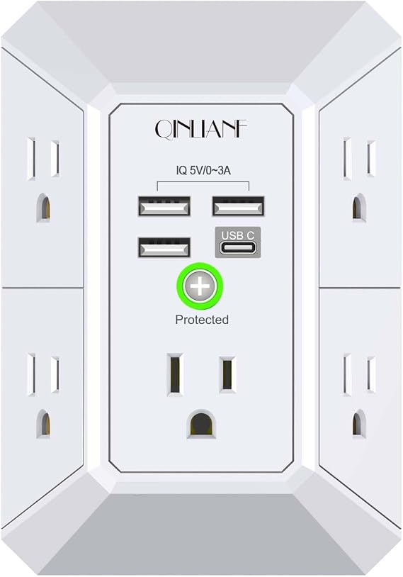 Wall Charger, Surge Protector, QINLIANF 5 Outlet Extender with 4 USB Ports | 1680 Joues, 3-Sided Power Strip, Multi Plug Wall Outlet Adapter Spaced for Home Travel Office