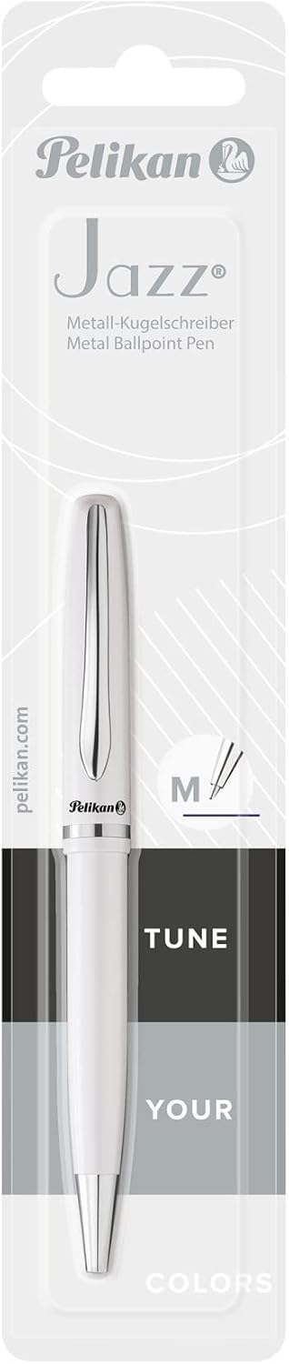 Pelikan Jazz Elegance Ballpoint Pen, Medium Nib, Blue Ink Refill Included, Metal, White, Blister Card, 1 Each 807227