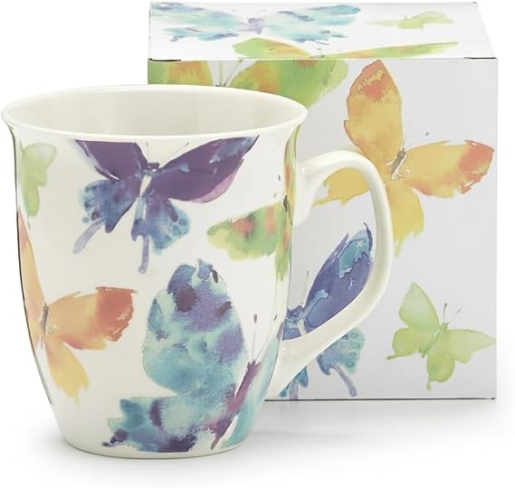burton + BURTON Watercolor Butterflies 16oz Porcelain Mug - Hand-Painted Floral Coffee Cup for Women & Butterfly Lovers - Microwave & Dishwasher Safe with Gift Box