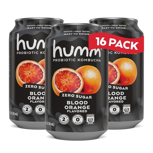 Humm Probiotic Kombucha Zero Sugar Blood Orange, No Refrigeration Needed, Keto Friendly, Organic, Vegan, Gluten Free, 12oz Cans 16 Pack