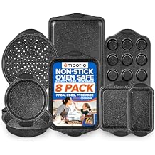 Emporio Kitchen Baking Pan Set - Nonstick Coating, Carbon Steel Bakeware Sets with Gray Silicone Handles, PFOA, PFOS, PTFE Free, Recipe Booklet Included, Oven Safe Tray (Up To 450 F), Set of 8 - Gray