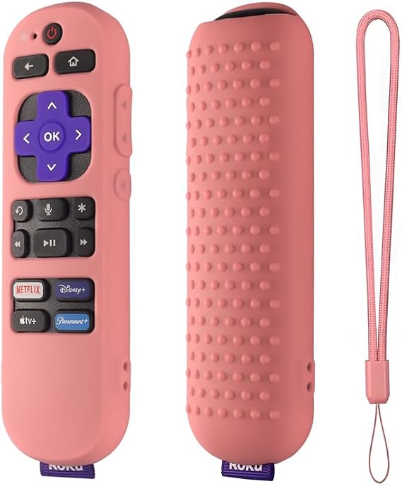 Hi Color Silicone Remote Cover for Roku Streaming Stick 4k, Roku Express 4K+ Remote, Roku Voice Remote (Official) RCA1R 2023,Roku Express Remote Cover with Lanyard(Pink)