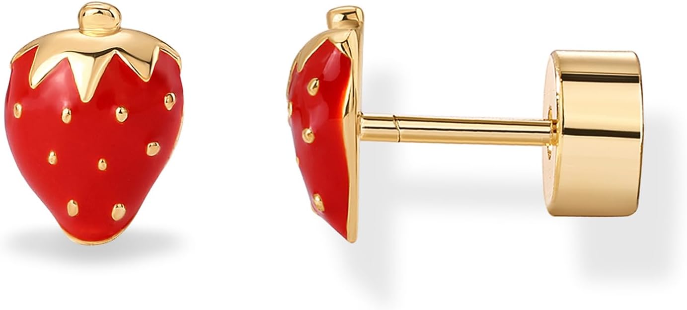 PAVOI 14K Gold Plated 925 Sterling Silver Posts Enamel Flatback Stud Earrings for Women - Colored Chili Pepper Strawberry Cherry Emoji Screwback Earrings - Dainty Helix Cartilage Piercing Jewelry | Dainty Helix Cartilage Piercings, Hypoallergenic Earrings with 925 Sterling Silver Posts, Color Motif Screwback Earrings