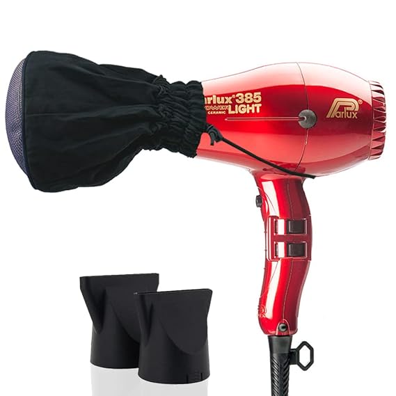 Parlux 385 Powerlight Ionic & Ceramic Red Hair Dryer + M Hair Designs Metal Mesh Diffuser (Bundle) Lightweight, Fast-Drying, Frizz-Control Blow Dryer for Salon-Quality Styling
