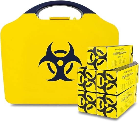 Reliance Medical - Biohazard Body Fluid Clean-Up Kit for The Treatment of Infectious Micro-Organisms - 5 Single Application Packs- Black/Yellow Wall Mountable Box