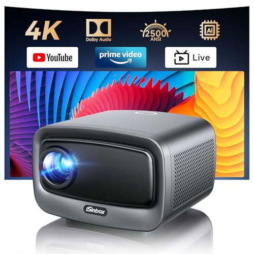 [2500 ANSIAuto FocusBuilt-in APPS] Smart Projector 4K with WiFi 6 and Bluetooth 5.3, 6D Keystone Outdoor Movie Projector with Netflix& 36W Dolby Audio Plus HDR10 Home Theater Ceiling Upgraded