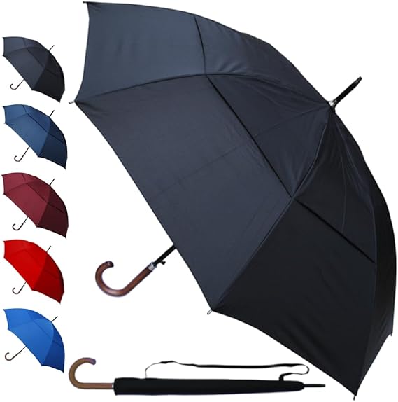 StormDefender City - Windproof Umbrella - Large Strong Umbrella - Automatic | Best for Vented Double Canopy - Auto Open - Solid Wood Hook Handle - Rainproof Designer Big Golf - Black