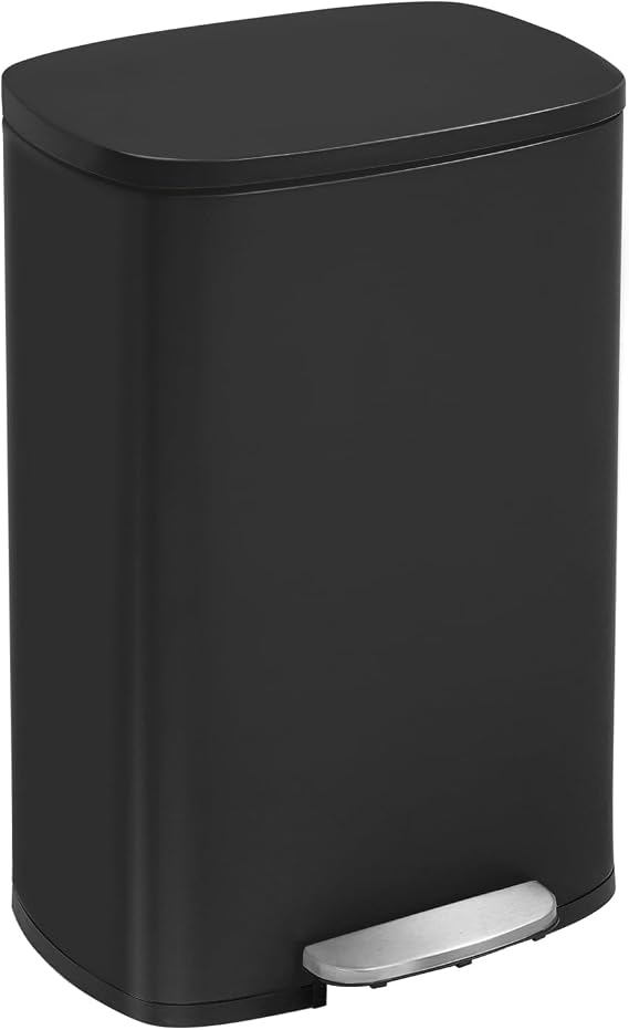 FDW | 13 Gallon Trash Can with Lid | Black | Fingerprint-Proof | Made of Brushed Stainless Steel | Soft-Close Step Pedal | Hands-Free Use | Easy to Clean | for Kitchen, Office, Bathroom
