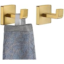 JQK Bathroom Towel Hook Gold, Coat Robe Clothes Bath Wall Hooks for Kitchen Garage SUS 304 Stainless Steel Thick 0.8mm, 2 Pack Brushed Gold, TH250-BG-P2