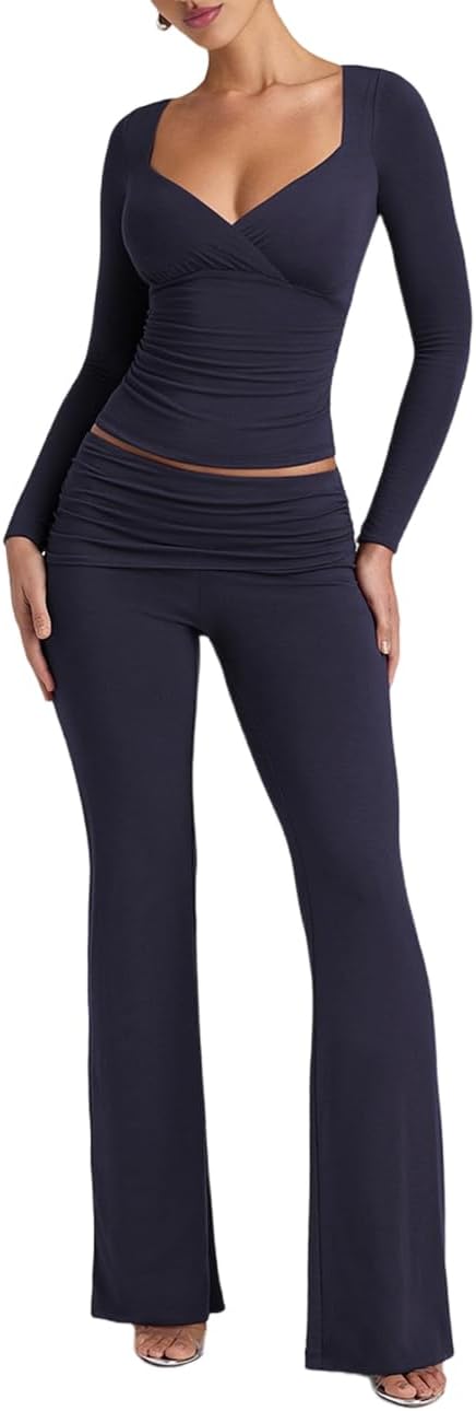 Lrady Womens 2 Piece Outfits Lounge Sets Lightweight Long Sleeve Crop Tops Fold Over Flare Pants Tracksuits