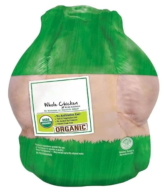 Organic Whole Chicken, This fresh, organic whole chicken with giblets is raised cage free, with no hormones or steroids added. [ 80 oz, 5 lb ]