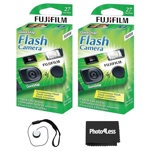 Fujifilm QuickSnap Flash 400 Disposable 35mm Camera Pack of 2 Bundle with Hand Strap and Lens Cleaning Cloth