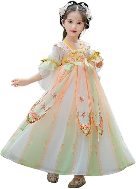 Chinese Style Short Sleeved Hanfu for Girls, Green Performance Costumes with Embroidered