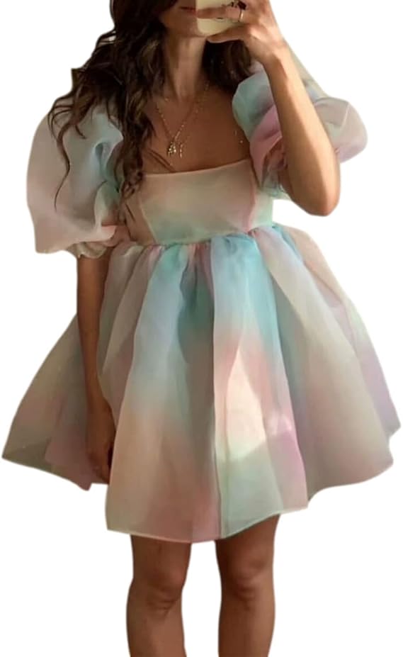 Women's Puff Sleeve Tulle Princess Dress Off Shoulder Square Collar Mini Dress Puffy Mesh Party Prom Evening Dress