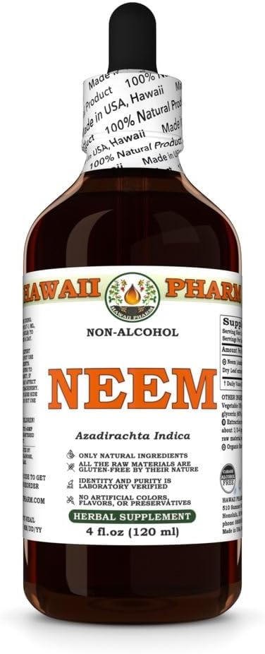 Hawaii Pharm Neem Alcohol-Free Liquid Extract, Professional Grade, Small Batch Neem (Azadirachta Indica) Dried Leaf Glycerite 4 oz