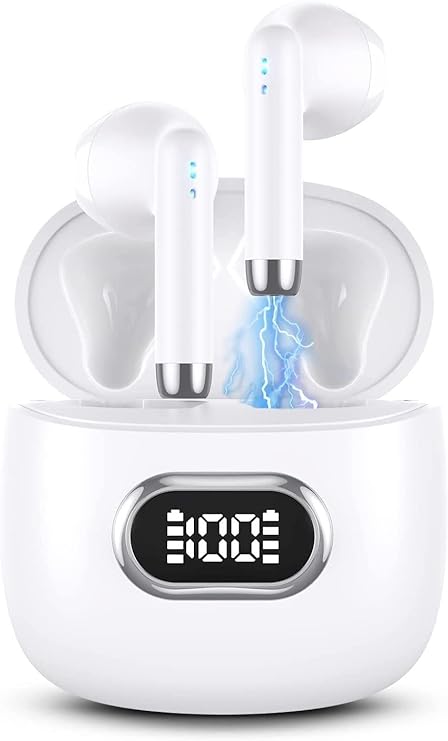 Wireless Earbuds for OnePlus Nord N10 Bluetooth 5.3 Headphones with LED Display Charging Case, Waterproof IPX7 Hands-Free Headset with Mic, Hi-Fi Stereo Sound, Touch Control - White