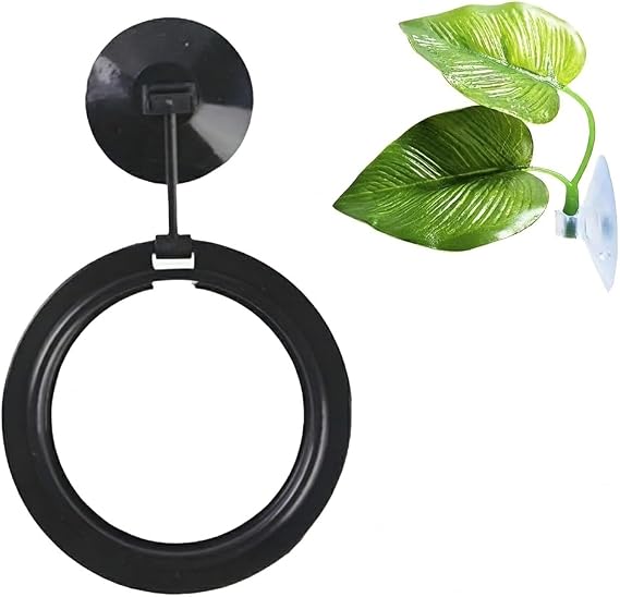 SunGrow Betta Ring and Leaf Hammock, Faux Fish Leaf Pad with Suction Cup, Spawning Ground, Breeding, and Resting Bed, Feeding Spot, Hideout Ornament and Aquarium Decor, Black Circle Fish Feeder, 2 Pcs
