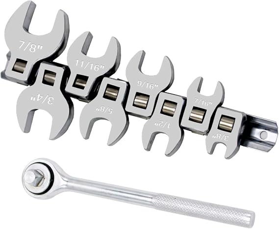 3/8 Drive Crowfoot Wrench Set, Crows Foot and Wrench, SAE Size 3/8" 7/16" 1/2" 9/16" 5/8" 11/16" 3/4" 7/8" with Ratchet Handle