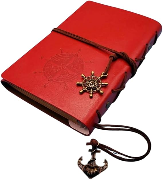 Senon Retro Vintage Pusula Baskılı Çapa Ve Dümen Kolye Uçlu Deri Kapaklı Günlük Not Defteri Denizci Defter Özel Tasarım Hediyelik Kırmızı
