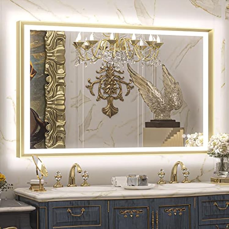 TETOTE LED Bathroom Mirror with Lights Gold Metal Framed 40x24 Frontlit & Backlit Vanity Mirror Baroque Antifog Stepless Dimmable WhiteWarmNatural,CRI90,Waterproof,Wall MountedHorizontalVertical