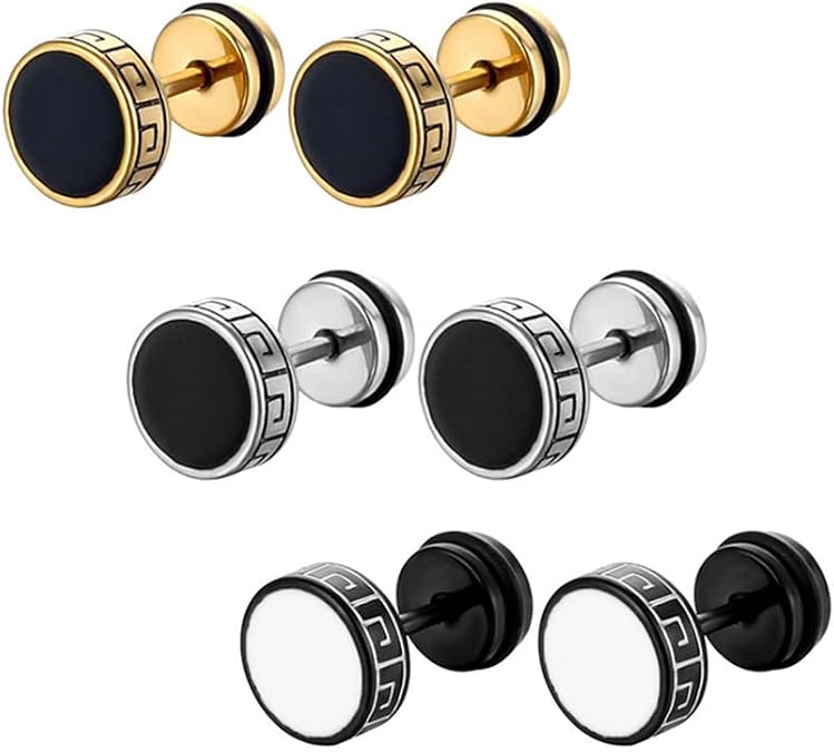 Men earrings Stainless Steel Hypoallergenic Stud earrings Round dumbell shaped Ear cartilage Silver earrings pack for men 3pairs