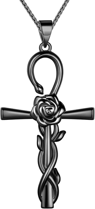 beautlace Cross Necklaces Rose Pendant Silver/Black Gun Plated Flower Cross Necklace Jewelry Gifts for Men and Women KP0244
