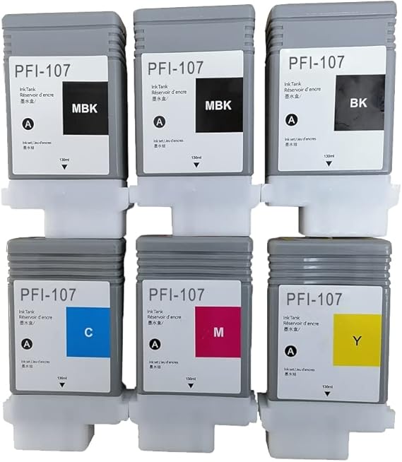 INK+ 6Pcs Ink Cartridges Replacement for Canon PFI-107,Work with ImagePROGRAF IPF670 IPF680 IPF685 IPF770 IPF780 IPF785(2MBK,1BK,1C,1M,1Y),Matte Black,Black,Cyan,Magenta,Yellow