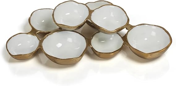 Zodax Cluster of 8 Round Serving Bowls Gold and White 12.75 in x 7.25 in x 2.25 in