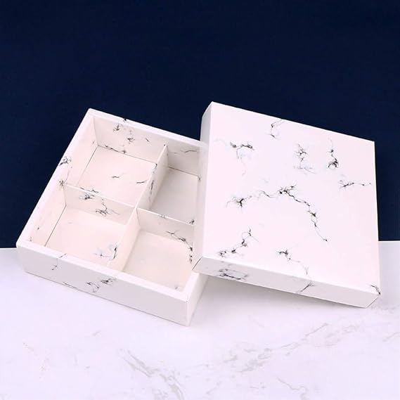 BBJ WRAPS Kraft Moon Cake Boxes with Lid, 4 Cavity Square Pastry Gift Packaging - Marble Paper Containers for Cake, Cookie, Candy and Truffle Treat Boxes, 6.3(L) x6.3(W) x2(H) Inch, 10 Sets