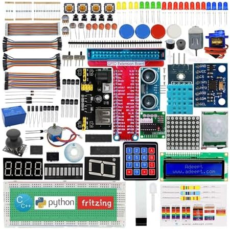 Adeept Ultimate Starter Kit Compatible with Raspberry Pi 4 3 2 Model B B+ Python C Code, LEDs, Sensors, ADXL345 GPIO Cable DC Motor Learn Electronics and Programming for Beginners