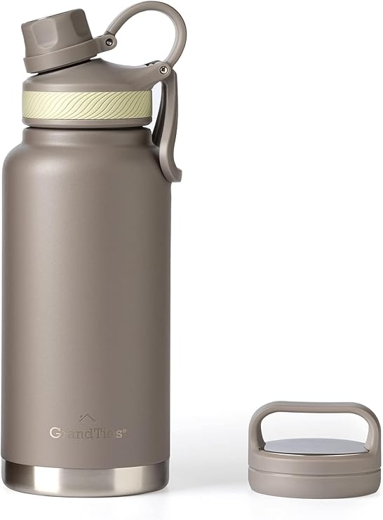 GrandTies 2 Lids Sports Stainless Steel Water Bottle - 946 ml Reusable Wide Neck Vacuum Insulated Water Bottles Travel Metal Canteen Coldest Water Bottle for Men and Women (Caffe Latte 32