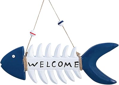 Miyolo Fish Wall Decor Mediterranean Beach Themed Welcome Sign Wooden Fish Skeleton Nautical Ornament for Kids Room Kindergarten School Bathroom 10.8 x 3.8 Porch Door Hanging Decorations