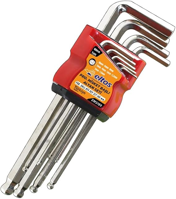 Eltos 9 Piece Alyan Key Set, 180 mm, Chrome Vanadium Steel, L Type Handle, Up to 1.5-10 mm, Ergonomic Grip, Corrosion Resistant, Automotive, Machinery, Industrial Screw, Equipment Compatible (Gisket Head)