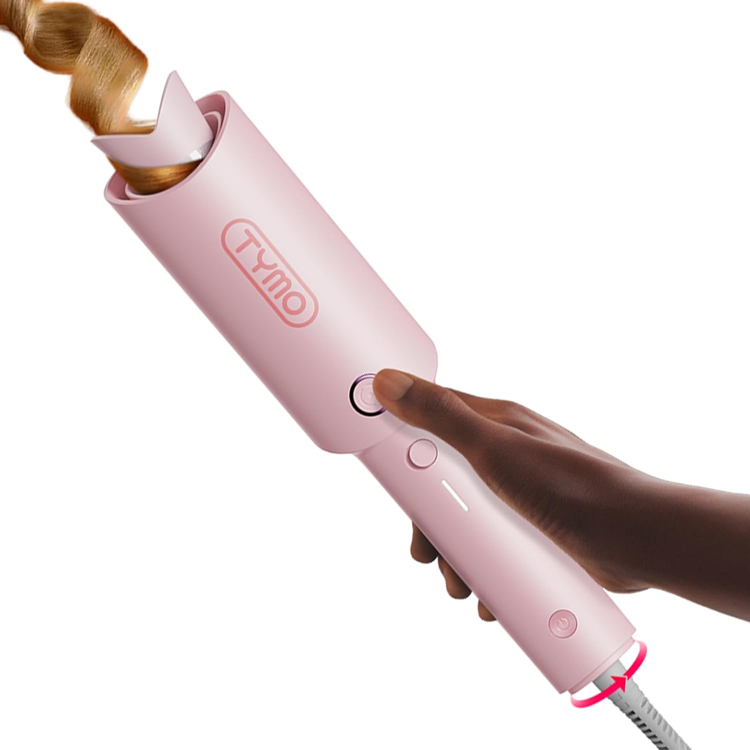 TYMO CURLPRO Automatic Rotating Curling Iron - Beach Waves Curling Wand, Portable Hair Curler, 500 Million Ionic, Dual Voltage &amp; Lightweight for Travel, Ceramic Coating, Pink 1.25 inch