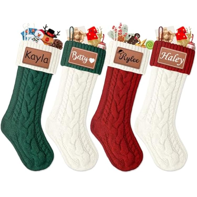 Personalized Christmas Stockings with Names Monogram, 18 Large Knitted Initial Xmas Stocking - Custom Leather Nameplate, Customized Family Stocking for Fireplace Holiday Party Decor1 Pack