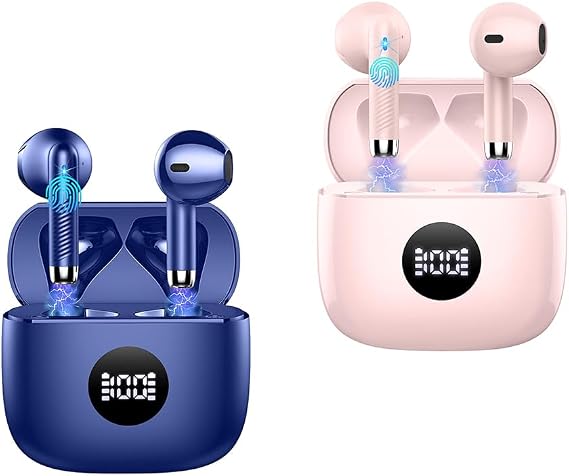 Jxrev J53 2 Pack Dark Blue and Pink Wireless Earbuds, Bluetooth Ear Buds LED Power Display Headphones Bass Stereo, Earbuds in-Ear Noise Cancelling Mic, 40H Playback Mini Case