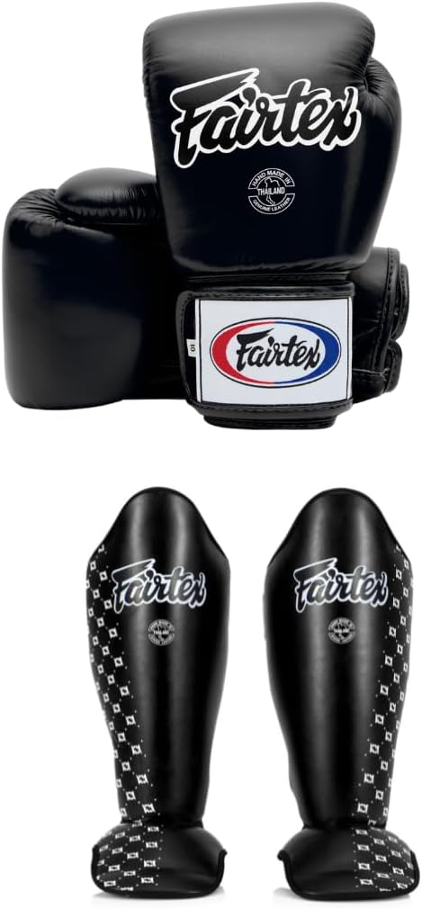 Fairtex BGV1 14 oz Black Glove + Fairtex SP5 Black Medium Shin Guard