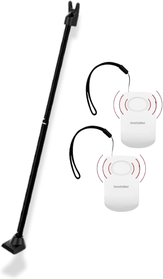 SECURITYMAN 2-in-1 Door Security Bar (1 Pack - Black) & Door Handle Alarm (2 Pack) Heavy-Duty Iron Door Jammer & 130dB Vibration-Triggered Portable Alarm for Home, Travel, and Hotel Security