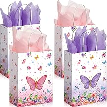 16 Pack Butterfly Goodie Bags with Handles - Sydney Paper Pink Purple Birthday Present Bags for Kids Baby Shower Party Decorations