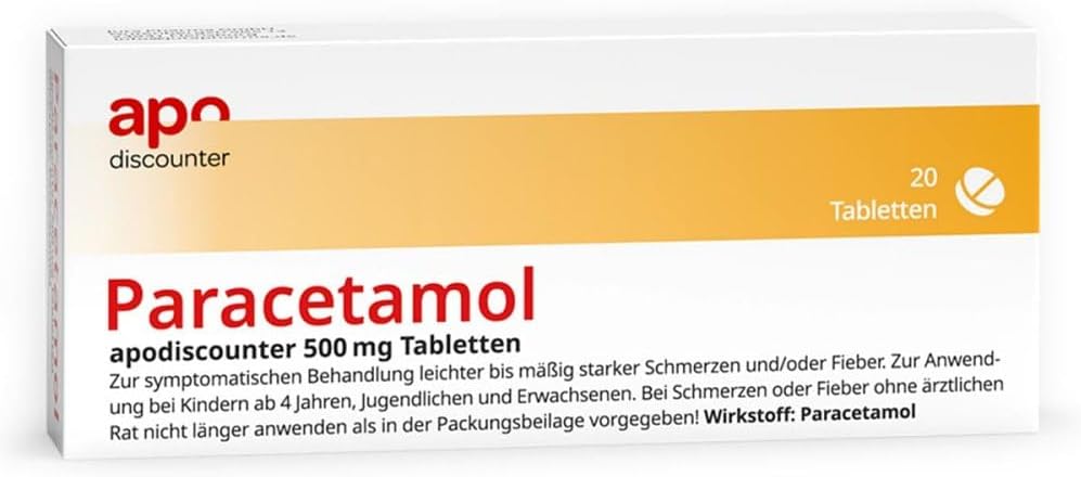 apodiscounter Paracetamol 500 mg Tablets (1 x 20 Pieces) - Pain Relief & Fever - Fast Effective & Well Tolerated - Headache Toothache & Cold