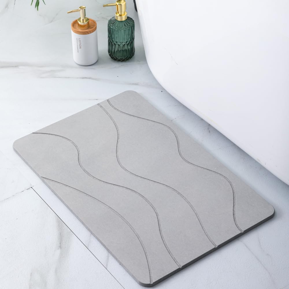 Pure 4Home Stone Bath Mat Non Slip & Anti Mould 60 x 39 cm | Quick Dry Diatomite Shower Drying Stone | Absorbent Diatomaceous Earth Pad | Bathroom Upgrades (Gray Waves)