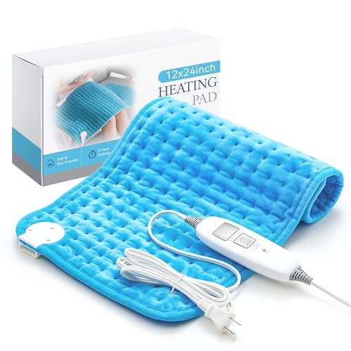 Electric Heating Pad for Back Pain Relief & Cramps - 6 Heat Settings,Auto Shut Off,Moist Heat Options,Portable Heated Pads for NeckShoulder Machine Washable Gift for Men Women,Blue,12x24